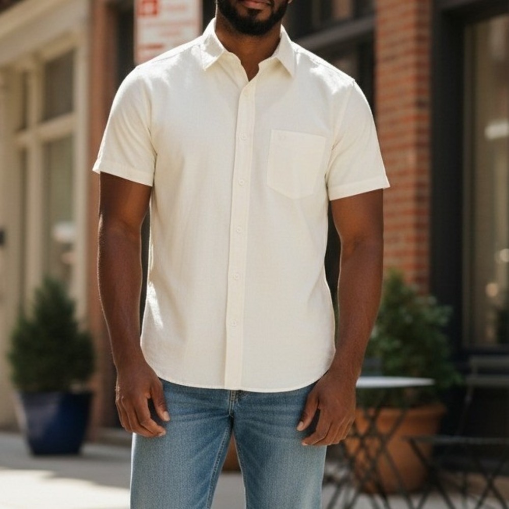 DI LORENZO Qiana Nylon Short Sleeve Button Up Shirt Men Size 18 15 1/2 Cream